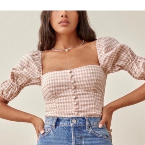 Reformation Women’s Norton Blush Pink White Gingham Linen Blouse Top - Picture 1 of 9